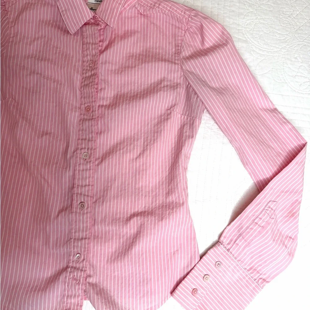 Abercrombie and Fitch AF Superfine Poplin Y2K Button Up Pink White Long Sleeve - Picture 3 of 9